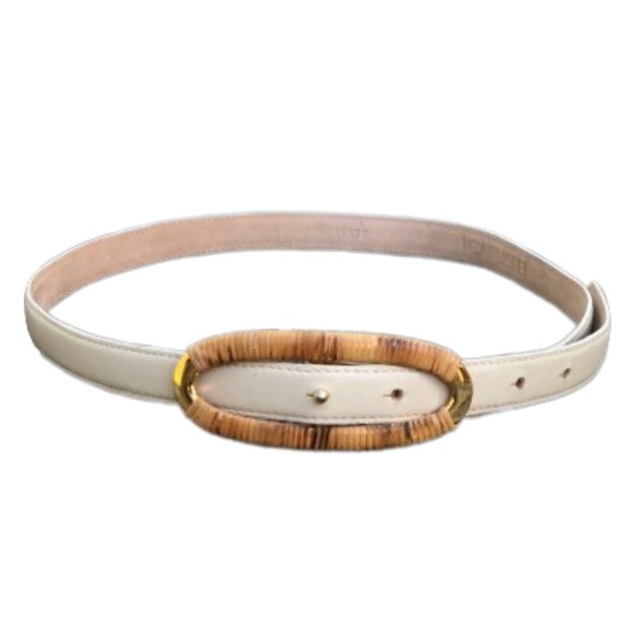 Vintage Carlisle Rattan Gold Wrapped Buckle Cream Ivory Thin Leather Belt Medium